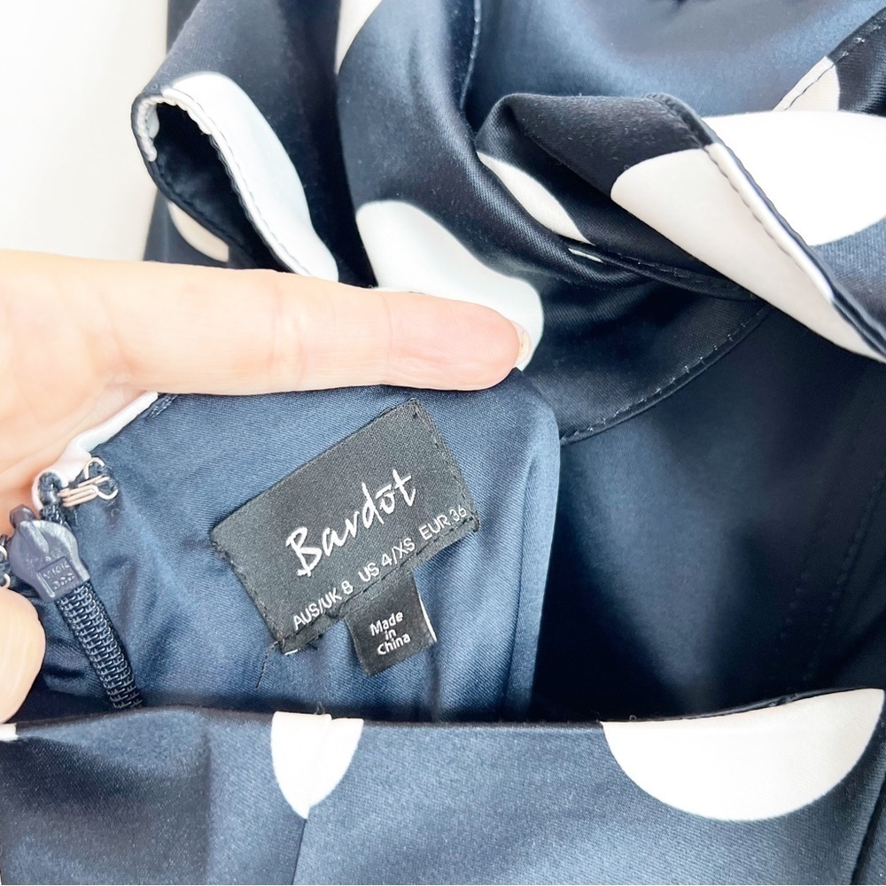 Bardot Women's Satin Polka Dot Strapless Dress Sweetheart Navy Tie Back 4/XS - Picture 6 of 6